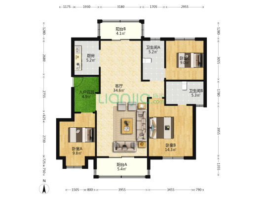 保利中央公园 3室1厅2卫 116平方