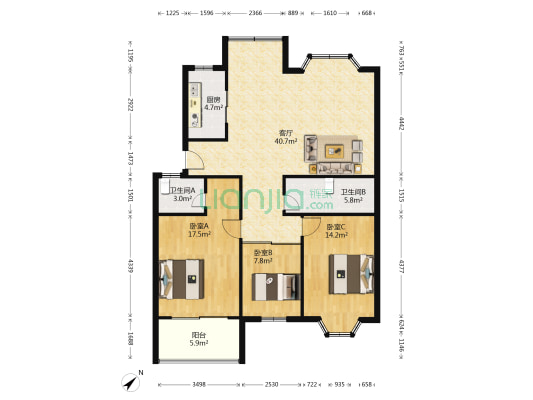 西湖花园南区 3室1厅2卫 120平方