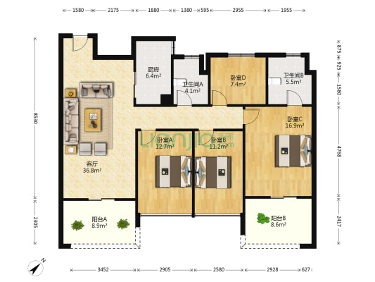 江湾南岸二期 4室1厅2卫 139平方