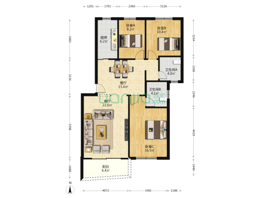 招东小区二期 3室2厅2卫 110平方