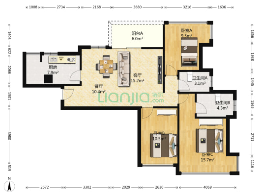 大运城邦曦城 3室2厅2卫 94平方
