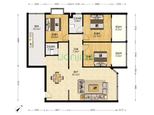 临江路67号 3室1厅2卫 145平方