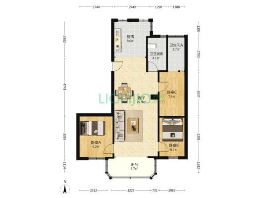 寺右二横路 3室1厅2卫 86平方