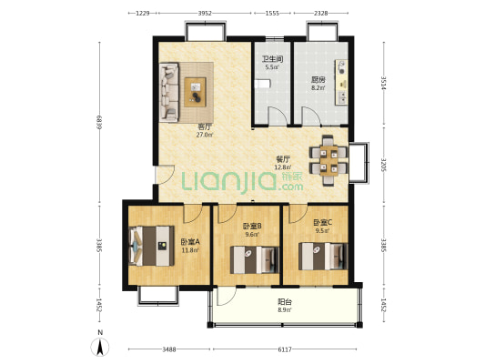 东大新村 3室2厅1卫 113平方