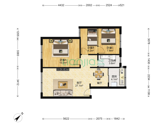 炮台山小区 3室1厅1卫 73平方