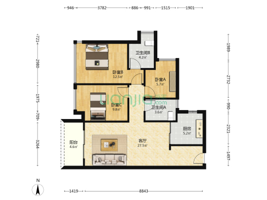 中海万锦熙岸华庭 3室1厅2卫 84平方