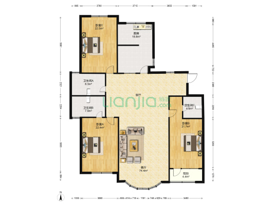 富华公寓(高新技术产业开发区) 3室1厅3卫 237平方