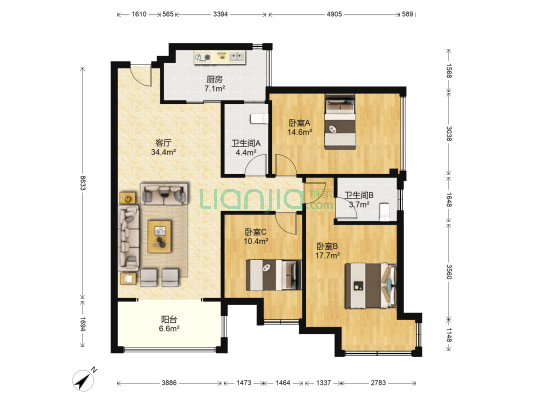 中央绿洲 3室1厅2卫 110平方