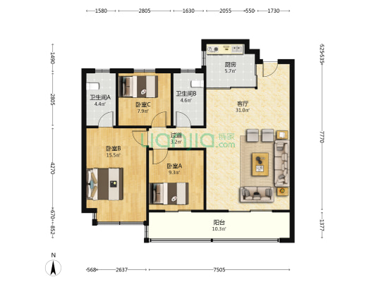万科·星汇东方 3室1厅2卫 127平方