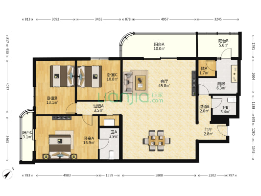 雅安国际公寓 3室1厅2卫 172平方