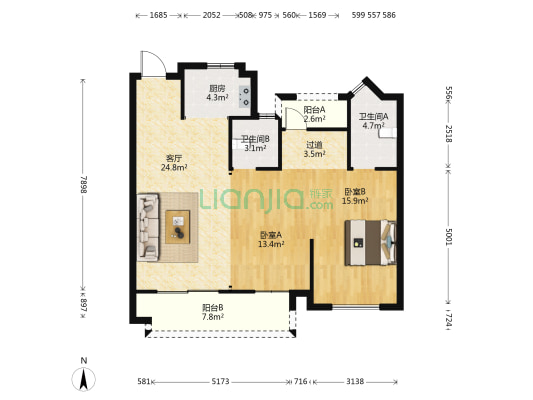 中梁越江府 2室1厅2卫 96平方