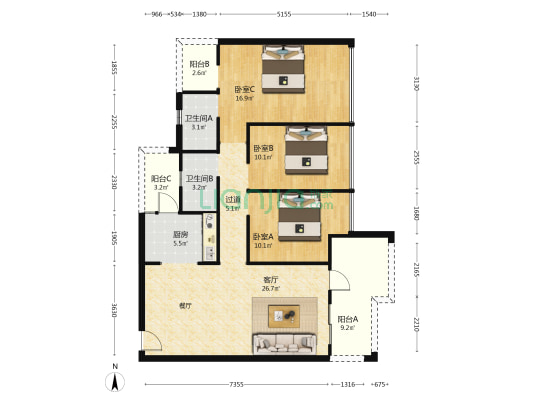 骏城天逸园 3室1厅2卫 113平方