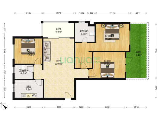 仁恒绿洲新岛江枫园 3室1厅2卫 135平方