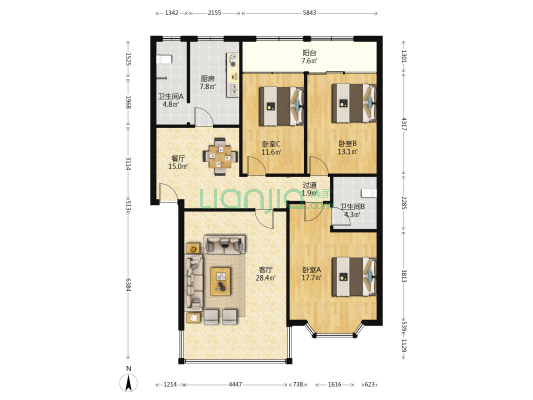 鼎丰园 3室2厅2卫 131平方
