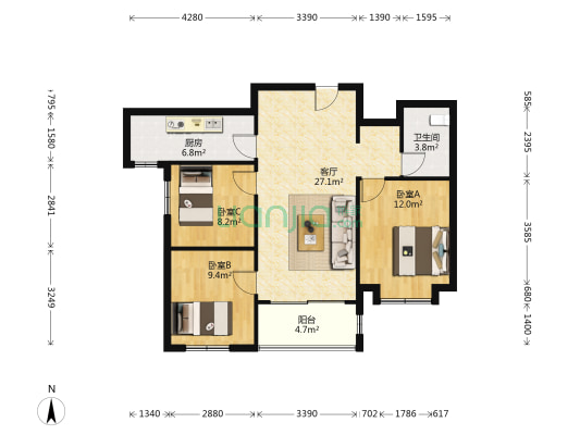 万科公园大道 3室1厅1卫 99平方