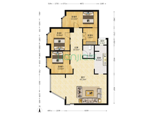 海怡花园 4室1厅1卫 134平方