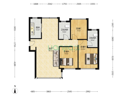 合景保利·香樾四季花园 3室1厅2卫 98平方
