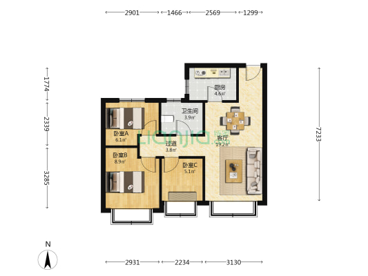 恒大御景天下二期 3室1厅1卫 83平方