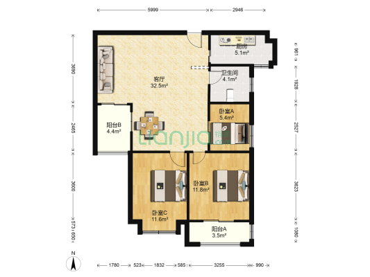 正祥林语墅4期 3室1厅1卫 90平方