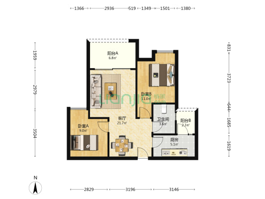 北城时光 2室1厅1卫 76平方