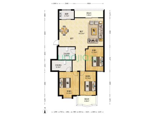 象园升兴公寓 3室1厅2卫 125平方
