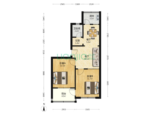 院校街小区 2室2厅1卫 60平方