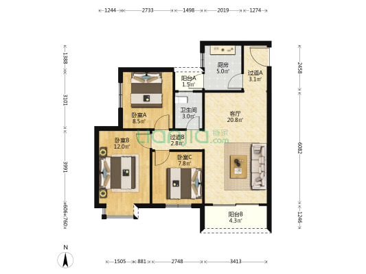 圣福小区 3室1厅1卫 90平方