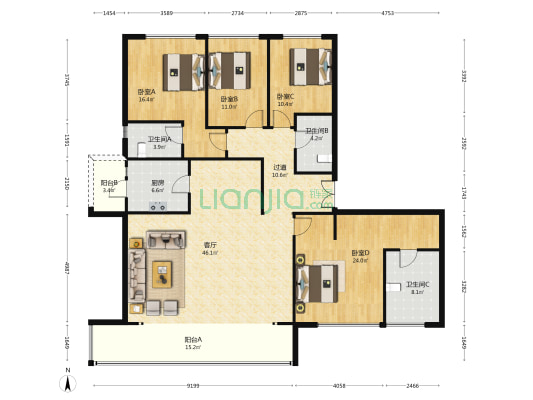 招商时代公园天樾境B区 4室1厅3卫 219平方