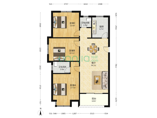 城投金开园 3室1厅2卫 128平方