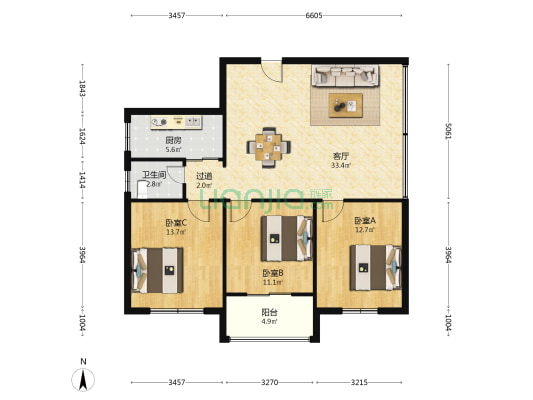 滨海花苑 3室1厅1卫 108平方