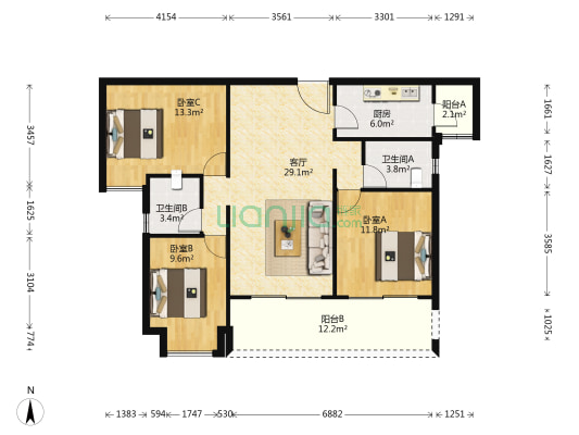 合景峰汇二期 3室1厅2卫 93平方