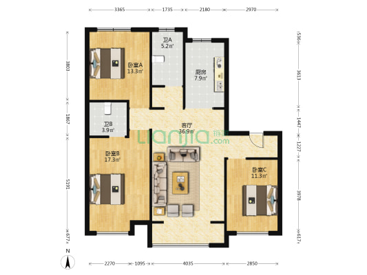 中车·共享城 3室1厅2卫 125平方