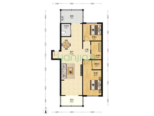 雪松新城B区 3室1厅1卫 119平方