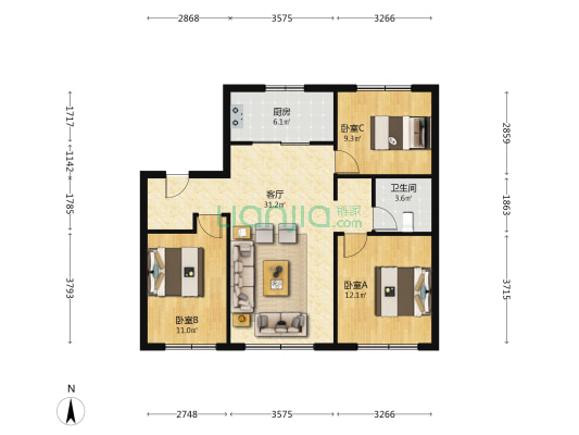 龙湖·昱城 3室1厅1卫 101平方