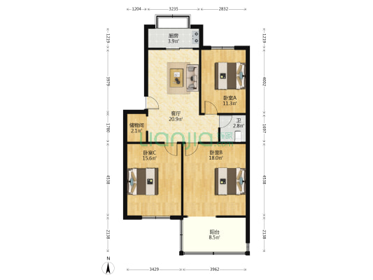 中兴实业宿舍 3室1厅1卫 106平方
