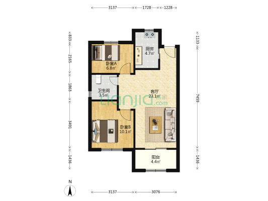民乐城建欣苑西苑 2室1厅1卫 77平方