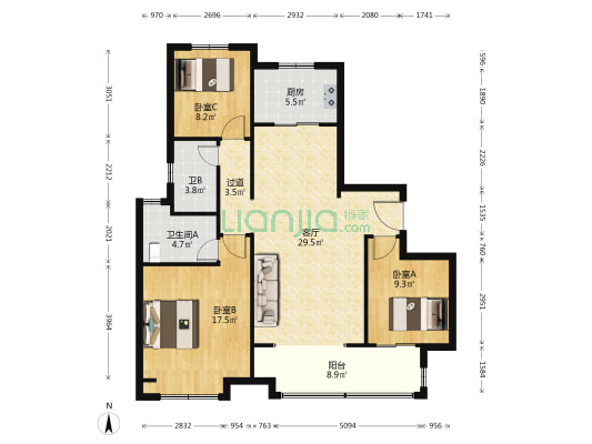 中海·淮海世家 3室1厅2卫 125平方