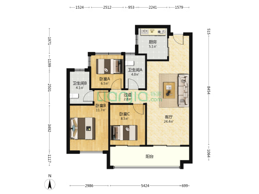中海锦宸花园 3室1厅2卫 96平方