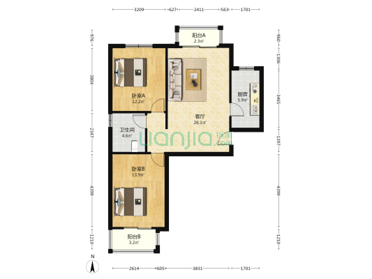 京港澳高速旁边 钻石商圈 南北两居室-户型图