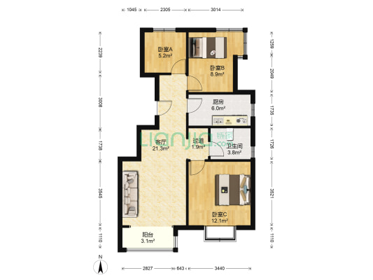 孔雀城大卫城三期 3室1厅1卫 88平方