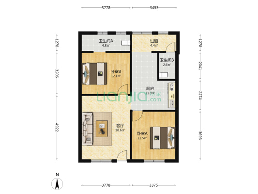 竹园大道39号 2室1厅2卫 84平方