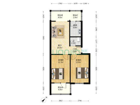 北站东二路13号 2室1厅1卫 64平方