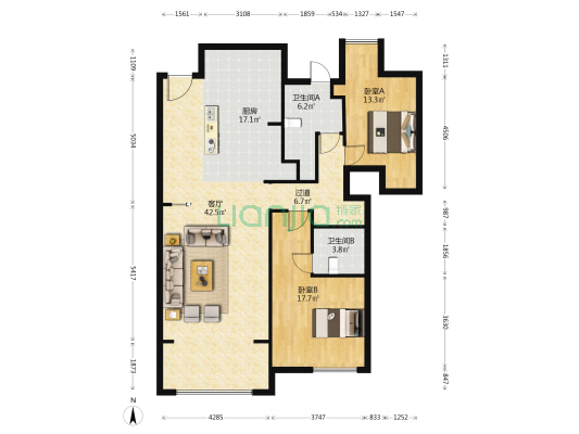 中心花园 2室1厅2卫 133平方