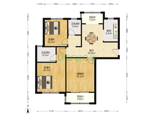 华盛八园 2室1厅2卫 108平方