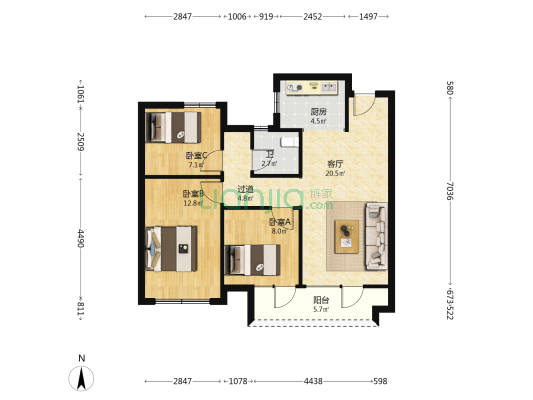 金茂悦锦云北区 3室1厅1卫 89平方