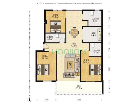 朝安东社区 3室1厅3卫 137平方