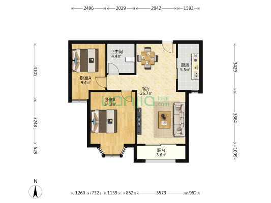 大名城C区尚郡 2室1厅1卫 83平方