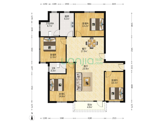 朝福路118号 4室2厅2卫 132平方