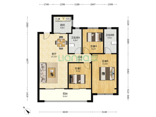 越江时代 3室1厅2卫 108平方