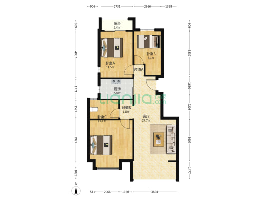 金地悦虹湾 3室1厅1卫 96平方